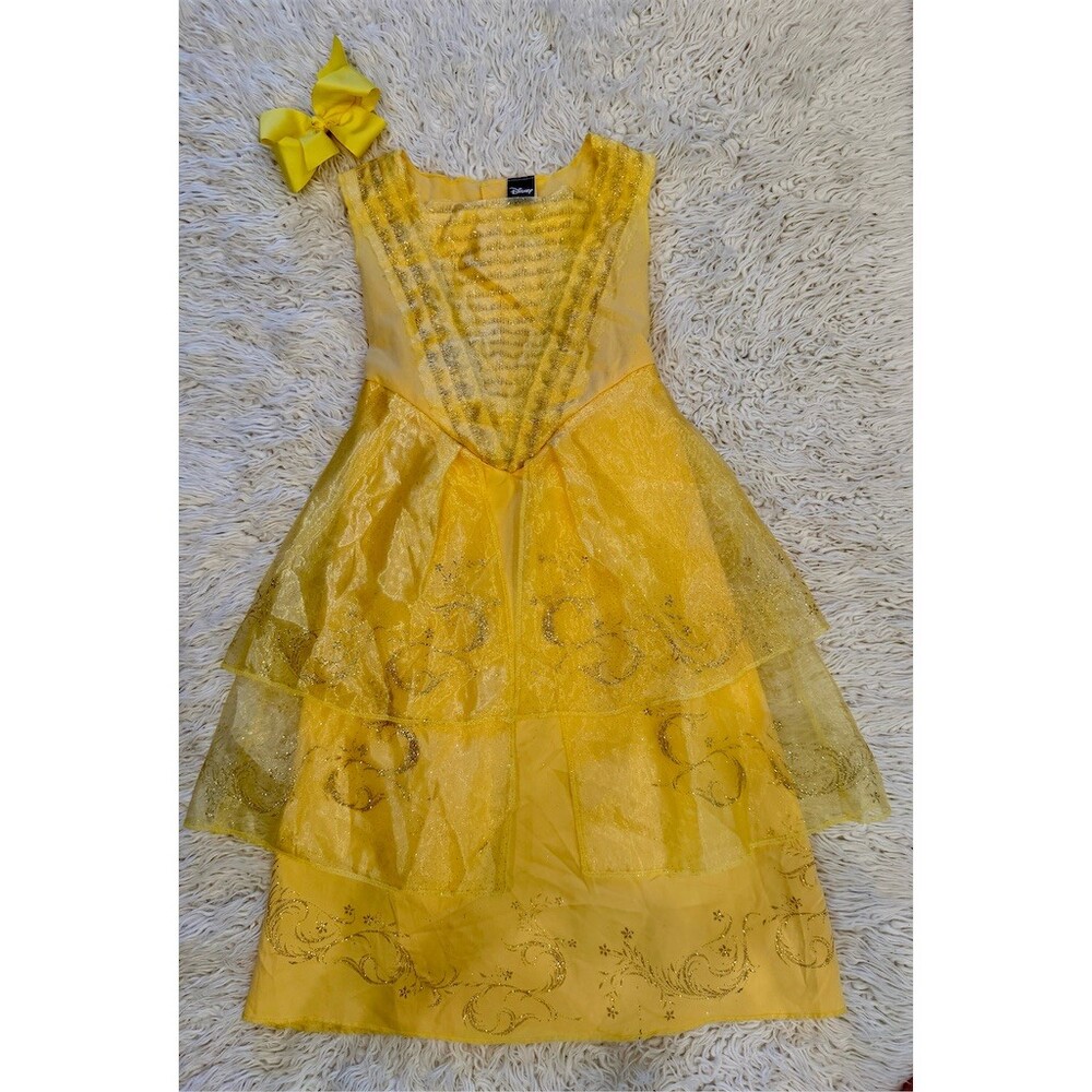 Disney Belle Costume Dress Girls M 7-8 Gold Ball Gown Halloween Party Bow